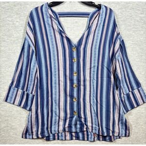 RD & Koko Blue Stripe‎ 3/4 Sleeve V Neck Cut Out Back Woven Women's Shirt Boho L